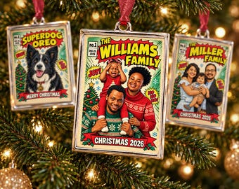 Custom Comic Book Ornament, Custom Photo Christmas Ornament, Fun Personalized Gift for Family, Couples, Friends, Grandparents or Colleagues