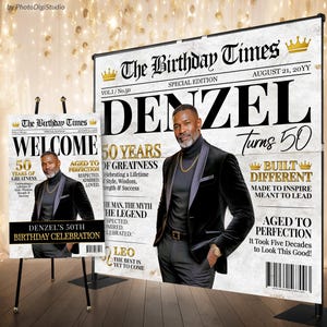 Może przedstawiać: Duże prostokątne tło i mniejszy pasujący znak na stojaku, oba z gazetowym wzorem zatytułowanym The Birthday Times. Grafika zawiera zdjęcie mężczyzny w czarnej marynarce, złote korony oraz tekst z okazji 50. urodzin.