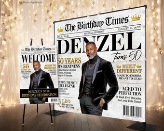 Custom Newspaper Backdrop with Photo, Birthday Newspaper Party Decor, Black Gold Luxury Birthday Banner, Newspaper Welcome Sign Personalized
