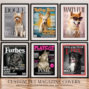 Collection of Custom Pet Magazine Covers — Display showing multiple made-to-order pet magazine cover styles including DOGUE, Furbes, Playdog, Playcat, Rolling Bone, and Time Life