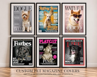 Personalized Dog or Cat Portrait Custom Pet Magazine Cover, Cat Dad or Dog Mom Gift Idea, Funny Pet Parents Gift Dogue Furbes Magazine Cover
