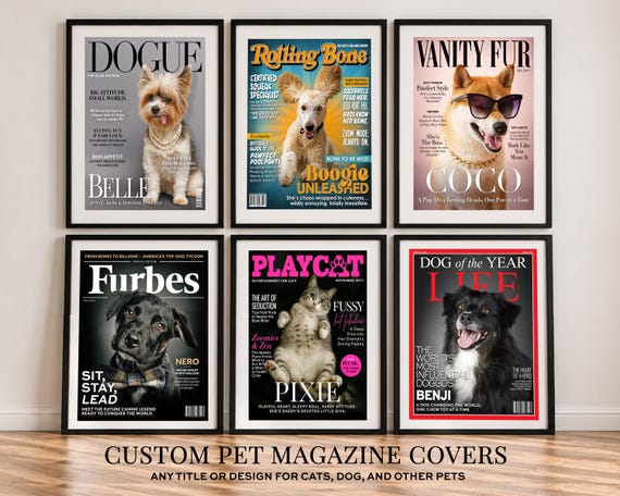 Personalized Dog or Cat Portrait Custom Pet Magazine Cover, Cat Dad or Dog Mom Gift Idea, Funny Pet Parents Gift Dogue Furbes Magazine Cover