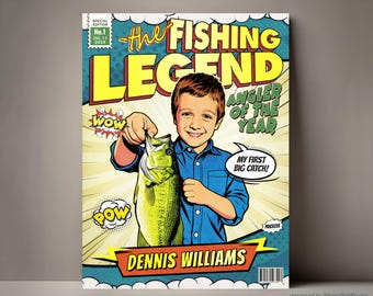 Custom Comic Book Cover Cool Fishing Gifts for Kids, Personalized Fishing Gifts for Men, Fisherman Cartoon Portrait, Fun Fishing Dad Grandpa