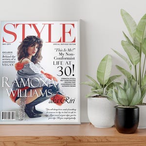 Custom STYLE magazine birthday poster displayed with plants as elegant home decor
