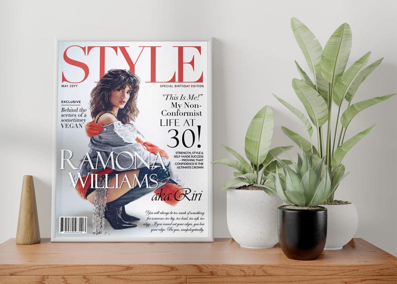 Custom STYLE magazine birthday poster displayed with plants as elegant home decor