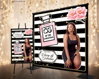Custom Birthday Backdrop for Women, Fashion Black White Striped Banner, Luxe Perfume Bottle Birthday Party Decor, Personalized Welcome Sign