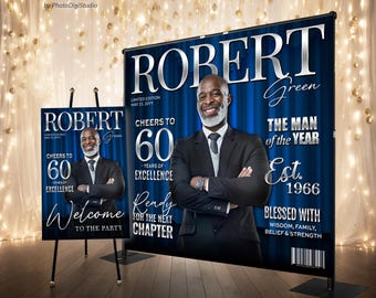 Custom Birthday Banner Luxury Blue Silver Backdrop with Photo, Birthday Decor Magazine Backdrop for Men, Birthday Welcome Sign Personalized