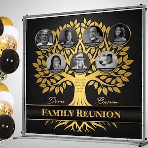 Family Reunion Backdrop with Photos, Black Gold Backdrop Our Roots Run Deep Banner Family Reunion, Custom Step & Repeat Backdrop Party Decor