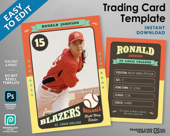 Retro Baseball Card Template, Theme Vintage Trading Card Template, All Sports PSD Template Fully Customizable, School Coach Baseball Gifts Il_570xn