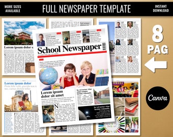 School Newspaper Template, 8 pag Modern Newspaper Template Download, High School Newsletter College Newspaper Template, Canva Fully Editable