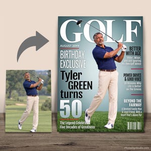 Before and after showing a golf swing photo transformed into a custom 50th birthday golf magazine cover