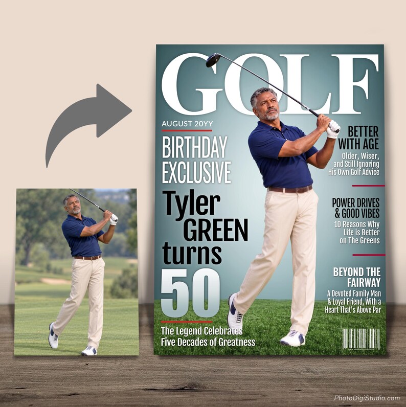 Before and after showing a golf swing photo transformed into a custom 50th birthday golf magazine cover