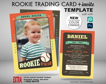 Rookie of the Year Trading Card and Invite First Birthday Party, All Sports and Baseball Card Template, Trading Card Template PSD Editable