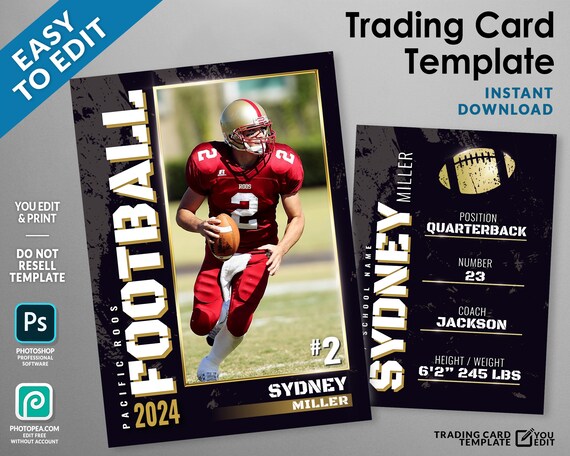 Football Cards Template, Trading Card Template, Grunge and Gold Design, Football Gift from Mom Dad Sister, PSD Template Fully Customizable Il_570xn