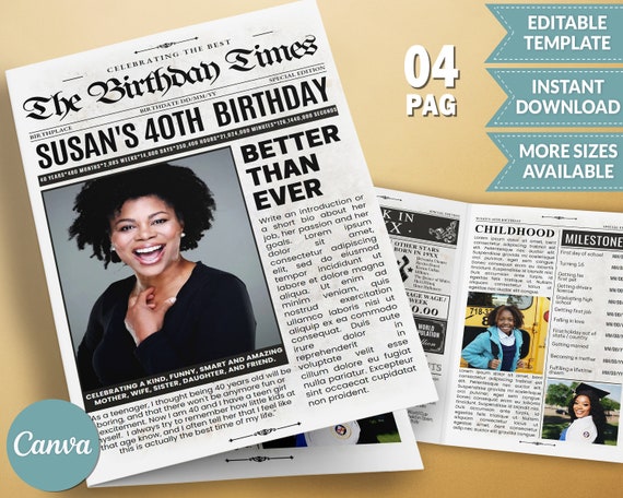 4 page folded Birthday Newspaper Template, Vintage Newspaper Birthday Gift, Back in Year Personal Bio Template, Custom Newspaper Template Il_570xn