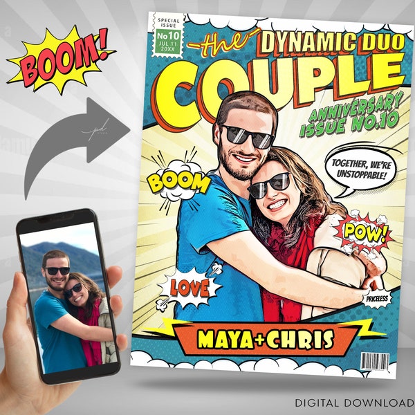 Custom Comic Book Cover, Custom Couple Portrait from Photo, Anniversary Gifts Couples Illustration, Personalized Gifts for Him or Her