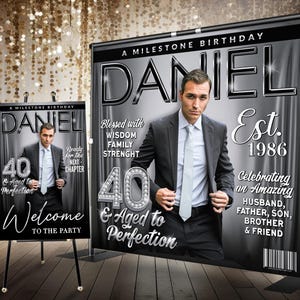Custom Photo Backdrop for Men, Magazine Cover Backdrop Black Silver, Personalized Birthday Backdrop 60th 50th 40th Birthday Party Backdrop