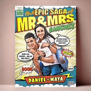 新婚カップルの漫画カスタムコミックブックカバー、カップル向けの楽しい結婚祝い、夫婦の肖像画、カップル向けのパーソナライズされた結婚祝い