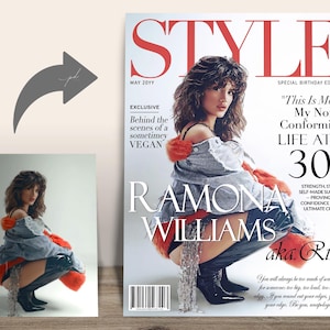 Before and after showing a woman's photo transformed into a custom STYLE magazine cover