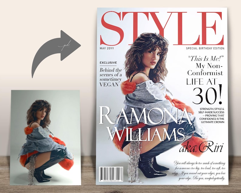Before and after showing a woman's photo transformed into a custom STYLE magazine cover