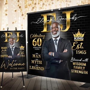 Fondo personalizado para hombre, pancarta de cumpleaños en negro y dorado con foto, elegante decoración para fiesta, fondo de rey negro para 60 cumpleaños de hombre mito y leyenda