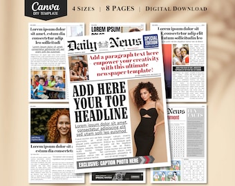 8 page Fun Newspaper Template Daily News Modern Newspaper Template, Family Birthday Fake Newspaper Template with Games, Canva Fully Editable