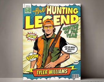 Custom Comic Book Cover Gift for Hunter, Personalized Hunting Gifts for Men, Hunting Cartoon Poster, Hunting Gifts for Hunter Dad or Husband