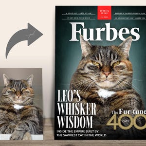 Custom Furbes Cat Magazine Cover — Cat photo transformed into Furbes “Whisker Wisdom” magazine cover.