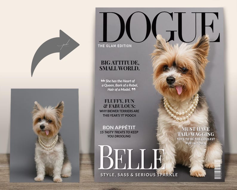 Custom DOGUE Magazine Cover  — Transformation from dog photo to DOGUE “Belle” fashion-style magazine cover.