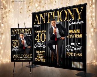 Custom Photo Backdrop for Men Magazine Backdrop, Luxury Black Gold Banner 40 50 60th Birthday Decor for Men, Photo Welcome Sign Personalized