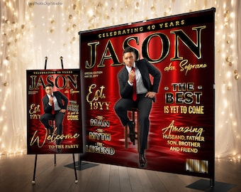 Custom Birthday Backdrop with Photo, Red Black Gold Luxury Banner, 60th 50th 40th Birthday Magazine Backdrop, Personalized Welcome Sign