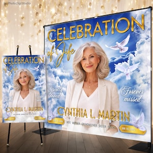 Custom Celebration of Life Banner, Memorial Backdrop with Photo Repass Decorations, Blue Gold Heaven Funeral Backdrop, Custom Funeral Sign