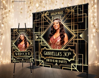 Custom Great Gatsby Backdrop with Photo, Harlem Nights Party Theme Banner, Art Deco Birthday Party Decor, Wedding Roaring 20s Welcome Sign