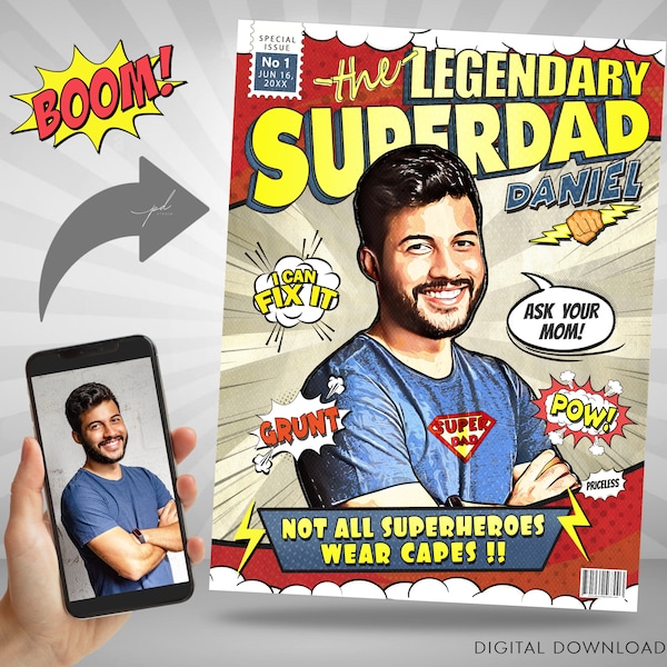 Personalized Fathers Day Custom Comic Book Cover, Superhero Superdad Custom Illustration from Photo, Personalized Gifts for Dad Comic Book