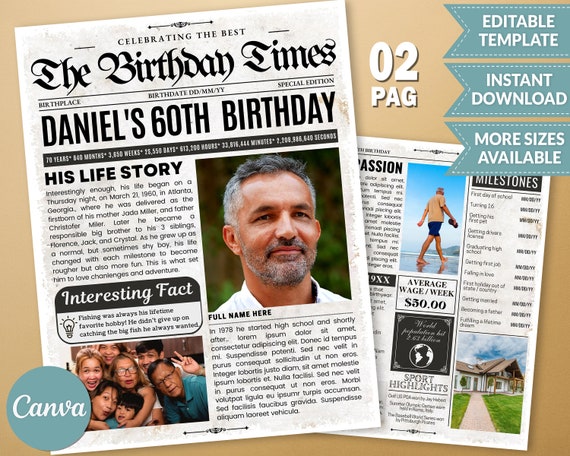Any Age Birthday Newspaper Poster, 2 page Newspaper Template, Vintage Newspaper Birthday Gift, 40th 60th Birthday, Back in Year Bio Template Il_570xn
