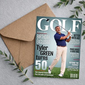 Personalized golf magazine cover shown with envelope, custom golf greeting card for birthday or retirement