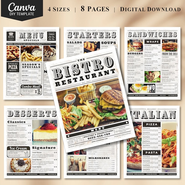 Trendy Restaurant Diner Menu Newspaper Template, 8 Pages Fast Food Menu Template, Vintage Retro Newspaper Menu Customizable Canva Template