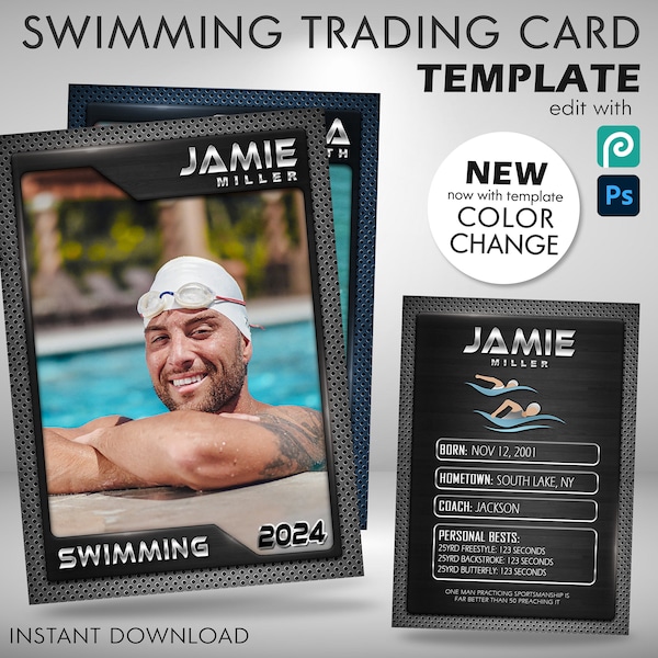 Custom Swimming Trading Card Template, Water Sports Diving Swimming Cards Template PSD, Graphite Design, Swimming Gifts for Girls Boys