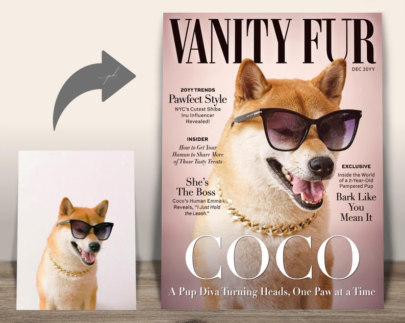 Custom Vanity Fur Magazine Cover (Coco) — Dog photo transformed into Vanity Fur “Coco” stylish pet portrait.