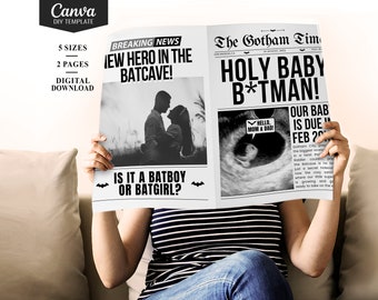 Funny Baby Announcement Newspaper Template, Superhero Baby Newspaper Pregnancy Announcement Photo Prop, Canva Newspaper Template Printable