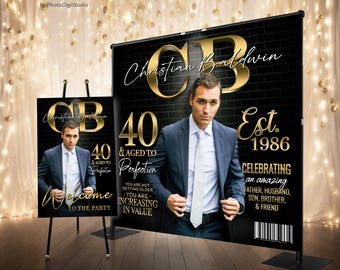 May include: A black and gold 40th birthday party banner and welcome sign. The banner features a man in a suit, the name "Christian Baldwin", and the text "Est. 1986". The welcome sign says "Welcome to the Party".