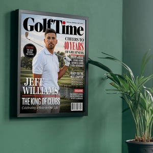 Personalized Golf Digest magazine cover displayed on green wall, custom golf wall art for men