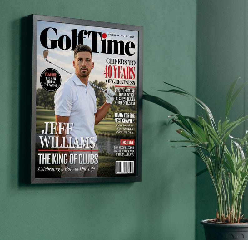 Personalized Golf Digest magazine cover displayed on green wall, custom golf wall art for men