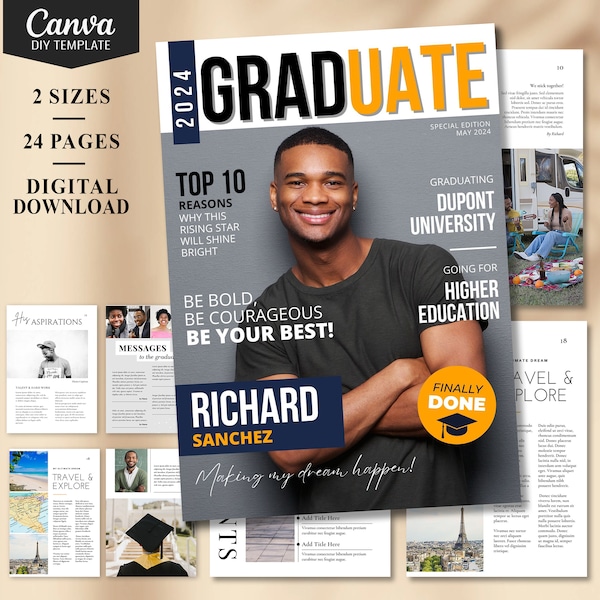 Graduation Magazine Template, 24 page Fully Editable Template, 2024 Graduation Gift, Graduation Ceremony Keepsake, 2024 Grad Party Favors