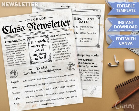 Classroom Newsletter Template Editable Vintage Newspaper Etsy