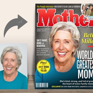 Before and After Custom Design Example — Transformation from customer photo to Mother of the Year magazine cover gift for mom.