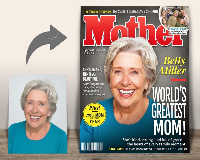Before and After Custom Design Example — Transformation from customer photo to Mother of the Year magazine cover gift for mom.