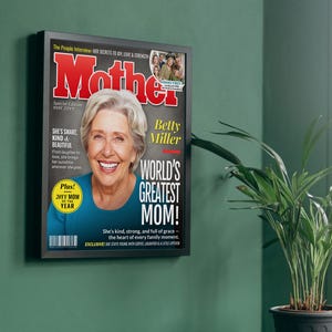 Framed Wall Art Mockup — Custom Mother of the Year magazine cover framed on wall, personalized gift for mom or grandma.