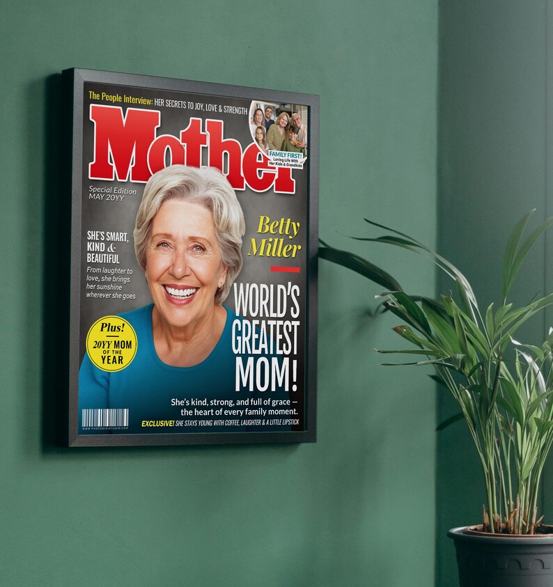 Framed Wall Art Mockup — Custom Mother of the Year magazine cover framed on wall, personalized gift for mom or grandma.