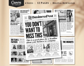 12 page Business Newspaper Template, Canva Template Large Newspaper New Business Announcement Newspaper Business Templates, Fully Editable